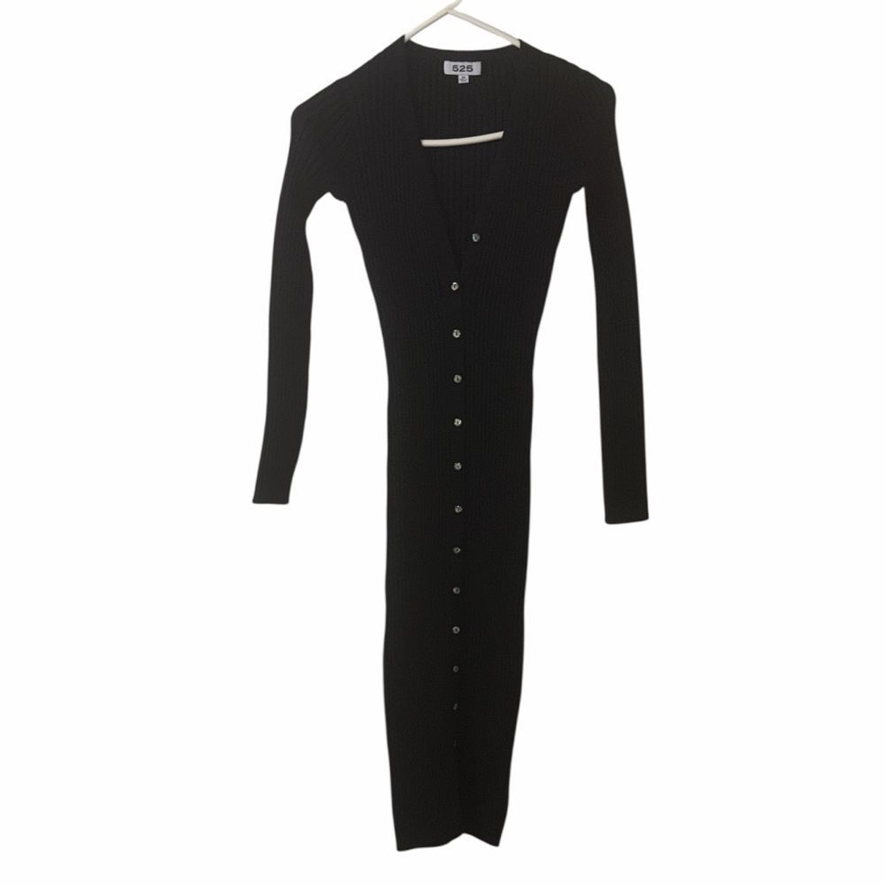 525 Black Ribbed Midi Button Down Long-sleeve Dress(Size XS) - Picture 4 of 5